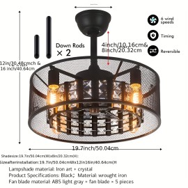Black Industrial Style Crystal Inverter Ceiling Fan Light, Lamp Head Model: E26 * 4pcs Without Light Source, Suitable for Living Room, Restaurant, Foyer Chandelier
