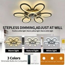 1pc, Remote Control LED Ceiling Fan with Light, Flower Shaped Ceiling Fan Light, 3 Light Colors, Dimmable Modern Low Profile Recessed Ceiling Fan Suitable for Kitchen, Bedroom, Commercial Lighting Suitable for Living Room, Dining Room, Coffee Shop, Shopping Mall, Very Suitable for Summer