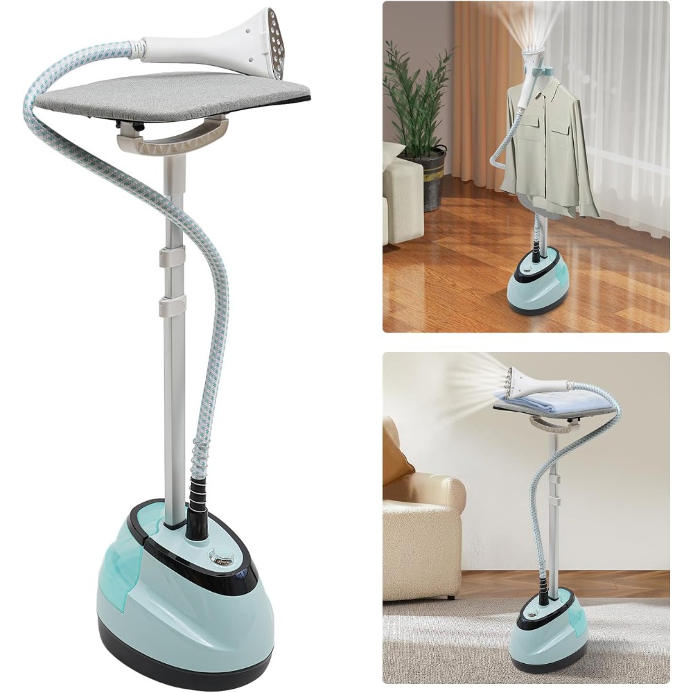 Professional 1350W Standing Garment Steamer with Ironing Board & Hanger - 45-Second Wrinkle Remover, 54.1oz Large Steam Iron for Clothes, Adjustable Height (Up to 4.85ft), Heavy-Duty Corded Steam System ( Plug, 110V)