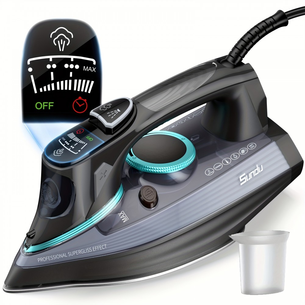 1700-Watt Steam Iron with Digital LED Screen, Ceramic Coated Soleplate, Anti-Drip & Self-Cleaning, 3-Way Auto Shut-Off, 4 Preset Steam & Temperature Settings for Various Fabrics, 300ml Water Tank, Portable Design