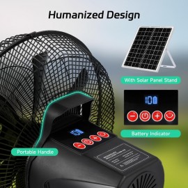 Rechargeable Floor Fan with 20W Solar Panel & 8000mAh Battery - Heavy-Duty All-Metal Body, Quiet Brushless Motor, Oscillating (90° Auto/60° Manual), Portable Cooling Fan for Outdoor Camping, Picnics, Parties