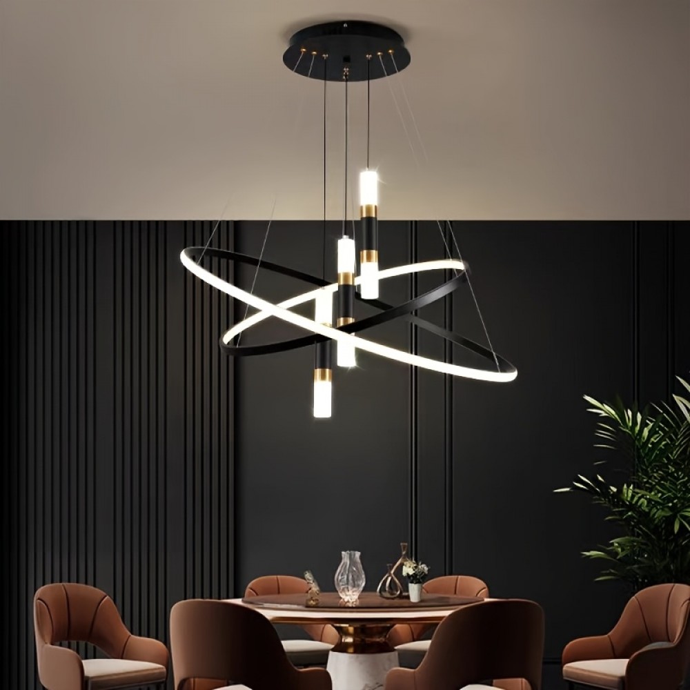 [Modern LED Chandelier] Modern Double Ring LED Chandelier | Adjustable Hanging Line, Three-Color Dimmable (Warm White/Cool Daylight/Neutral), Semi-Flush Mount or Pendant Lighting, Hardwired Ceiling Light for Dining Room, Living Room, Bedroom - Compatible with Standard Dimmer Switches