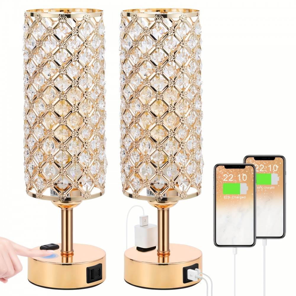 2 Golden Crystal Desk Lamps with Touch Dimmable Table Lights, USB-A+C and Single AC Two-Prong Plug, Suitable for Office, Living Room, Bedroom, with Bulb