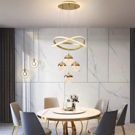 [4-Ball LED Pendant Light] Gorgeous, Elegant, High-End, Modern, Simple, Light Luxury, 4-Ball LED Base, Luminous Ring, Adjustable Suspension Line, Electroplating Process, Suitable for Living Room, Bedroom, Study, Corridor, Dining Room, Corridor, Bar, Pendant Light, Hanging Pendant Light, Indoor Pendant Light