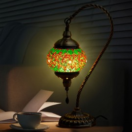 Turkish Mosaic Table Lamp, Moroccan Style Table Lamp with Metal Base 3 Colors Handmade Swan Neck Mosaic Glass Bedside Lamp for Bedroom and Living Room (LED Bulb Included)