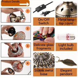 Turkish Mosaic Table Lamp, Moroccan Style Table Lamp with Metal Base 3 Colors Handmade Swan Neck Mosaic Glass Bedside Lamp for Bedroom and Living Room (LED Bulb Included)