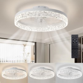 Thin Ceiling Fan with Light, 15.7-Inch Ceiling Fan with Light, Dimmable Embedded LED Fan, 3 Colors, 6-Speeds, Suitable for Bedroom, Living Room, Dining Room, Kitchen