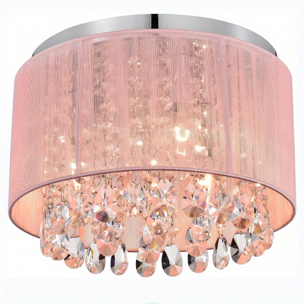 Modern Pink Crystal Chandelier – Elegant Flush Mount Ceiling Fixture with Adjustable Height, Perfect for Living Room, Bedroom, Kitchen & Bathroom, E14 Base (Bulbs Not Included)