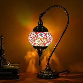 Turkish Mosaic Table Lamp, Moroccan Style Table Lamp with Metal Base 3 Colors Handmade Swan Neck Mosaic Glass Bedside Lamp for Bedroom and Living Room (LED Bulb Included)